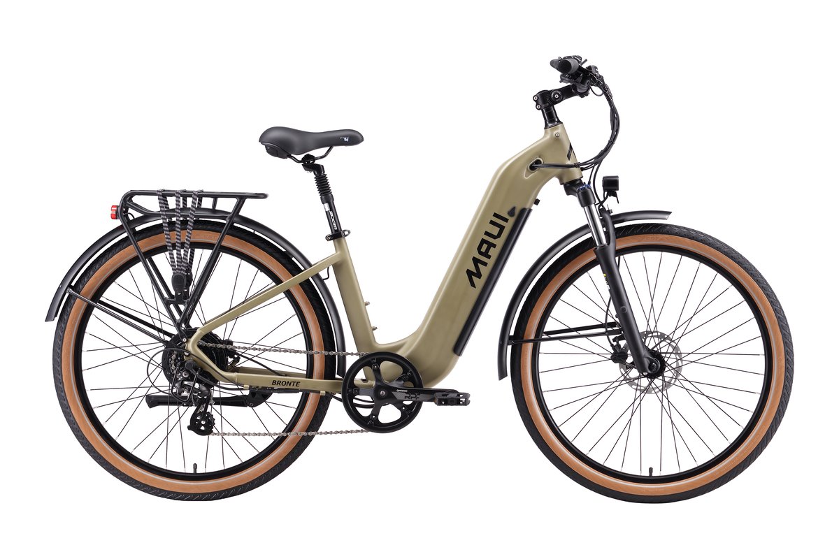 Maui Bronte step-thru e-bike in tan with a rear rack.