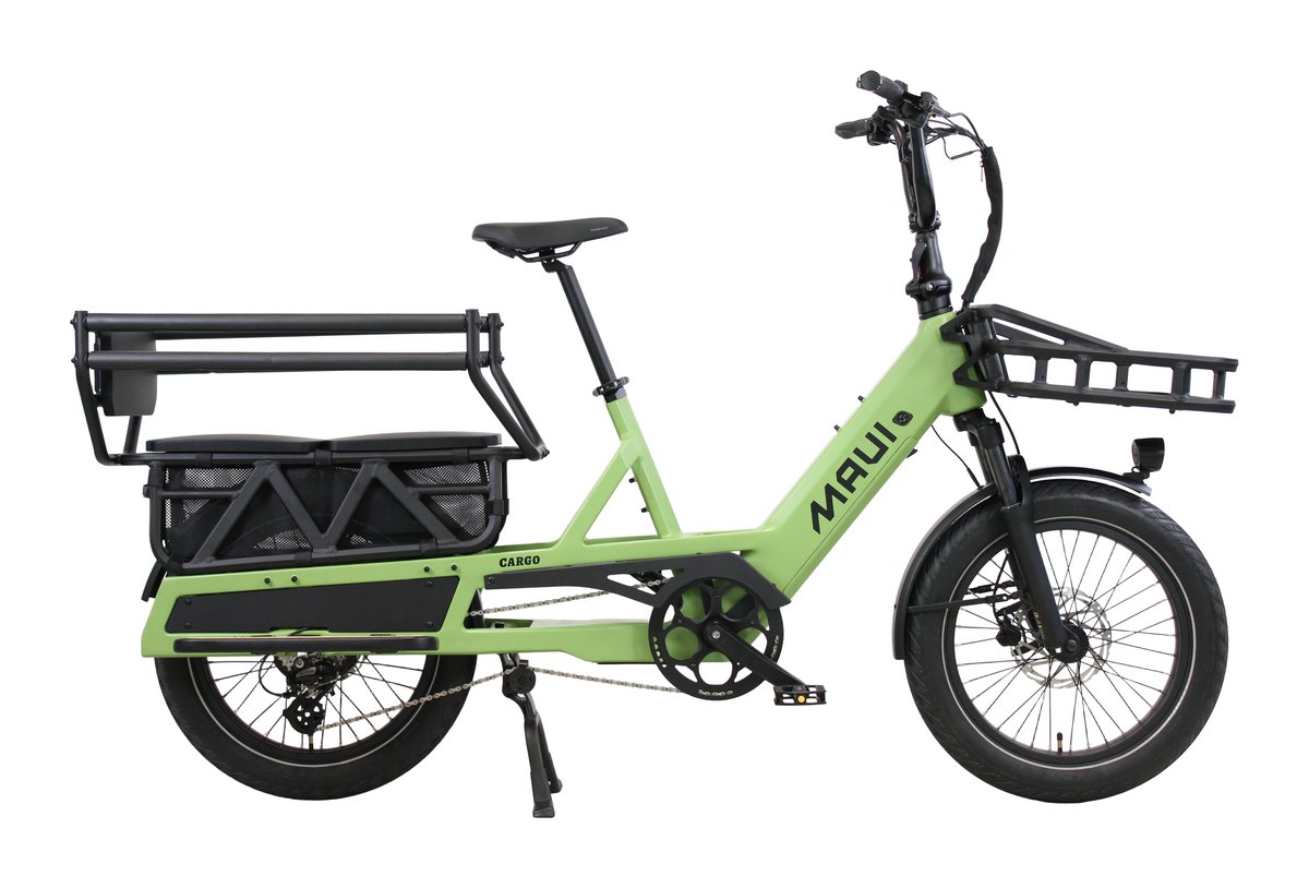 Maui Cargo e-bike in lime green with front and rear baskets.
