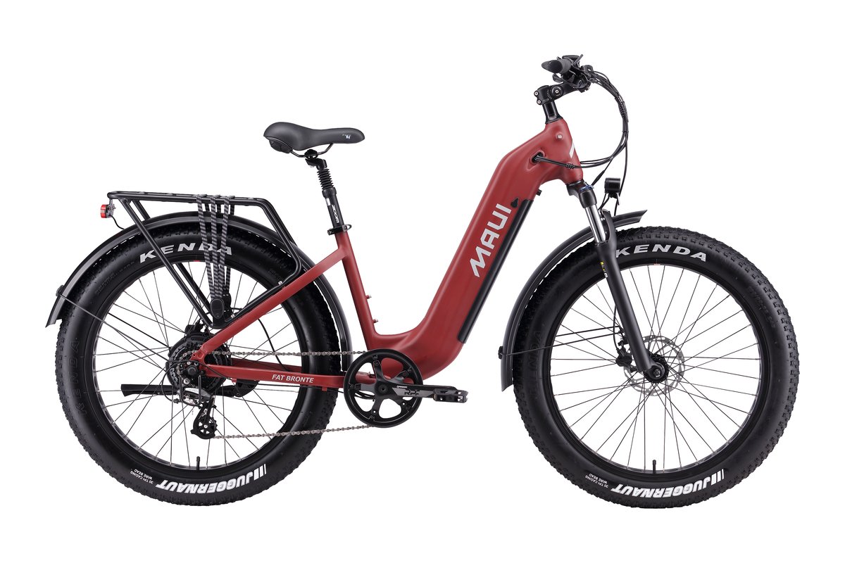 Maui Fat Bronte step-thru e-bike in red with oversized tires.