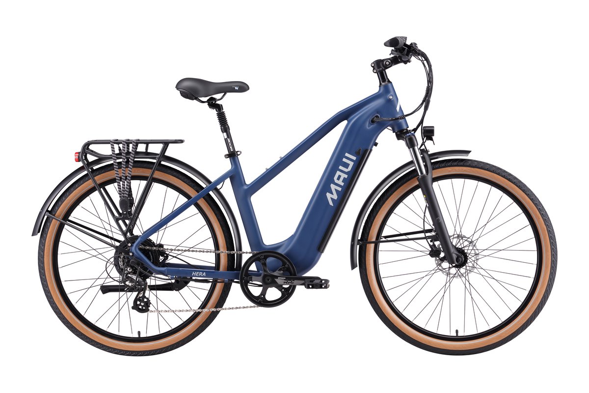 Maui Hera e-bike in blue with tan-wall tires.