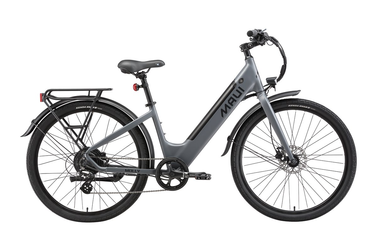 Maui Molly step-thru e-bike in silver grey.