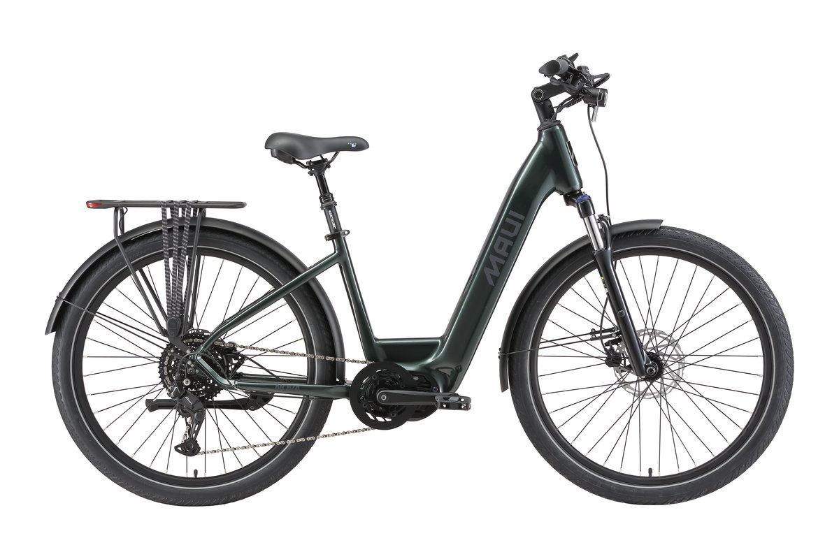 Maui Nova step-thru e-bike in dark green.