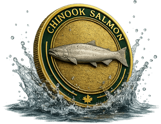The gold and green Chinook Salmon Founders Coin splashing into water.
